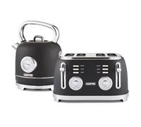 GEEPAS 1.8L Electric Kettle & 4 Slice Bread Toaster Kitchen Combo Set | 3000W Vintage Cordless Stainless Steel Kettle Auto Shut-Off, Temperature Gauge | Defrost/Reheat/Cancel 1500W | Black Retrovive