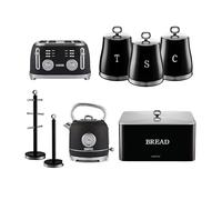 GEEPAS Retrovive 1.8L Electric Kettle, 4 Slice Bread Toaster, Set of 3 Tea Coffee Sugar Canister, Bread Bin, Mug Tree & Towel Pole Set of 8 PC Matching Kitchen Counter Storage Space Saver Set | Black