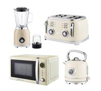 GEEPAS Retrovive 1.8L Electric Kettle, 4 Slice Bread Toaster, 2-in-1 Jug Blender & 20 Litre 700W Digital Freestanding Microwave Oven Kitchen Combo Set | 3000W Vintage Cordless Kettle | Cream