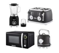 Geepas Retrovive 1.8L Kettle, 4 Slice Toaster, 2-In-1 Jug Blender & 20L Digital Microwave Oven, Black
