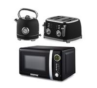 GEEPAS 1.8L Electric Kettle, 4 Slice Bread Toaster & 20 Litre 700W Digital Freestanding Microwave Oven Kitchen Combo Set | 3000W Vintage Cordless Kettle | Defrost/Reheat/Cancel 1500W | Black Retrovive