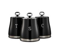 GEEPAS Retrovive 3-Piece Tea Coffee Sugar Canisters Set | 1.4L Airtight Stainless Steel Lids & Durable Carbon Steel Body | Kitchen Storage Canisters Keeps Contents Fresh Aromatic & Flavourful | Black
