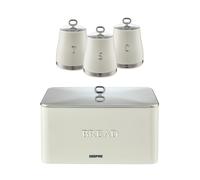 GEEPAS Retrovive Tea Coffee Sugar Canister & Bread Bin Set | 13L Bread Box 1.4L Airtight Canister Set | Carbon Steel Build Kitchen Counter Storage Space Saver | 2 Year Warranty Cream