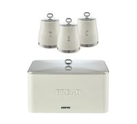 (Cream) GEEPAS 4 Pc Tea Coffee Sugar Canister & Bread Bin Set | 13L Bread Box 1.4L Canister Set | Carbon Steel Container Easy Clean Storage Tins