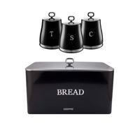(Black) GEEPAS 4 Pc Tea Coffee Sugar Canister & Bread Bin Set | 13L Bread Box 1.4L Canister Set | Carbon Steel Container Easy Clean Storage Tins