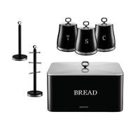 GEEPAS 6 Pc Tea Coffee Sugar Canister, Bread Bin, Mug Tree & Towel Pole Set | 13L Bread Box 1.4L Airtight Canister Set | Carbon Steel Build Kitchen Counter Storage Space Saver RetroVive Black