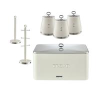 GEEPAS Retrovive Tea Coffee Sugar Canister, Bread Bin, Mug Tree & Towel Pole Set | 13L Bread Box 1.4L Airtight Canister Set | Carbon Steel Build Kitchen Counter Storage Space Saver | Cream
