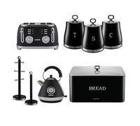 Retrovive Pyramid Kettle, 4 Slice Toaster, Set of 3 Tea Coffee Sugar Canister, Bread Bin, Mug Tree & Towel Pole Set Geepas Black One Size