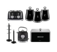 Retrovive 8 pcs Kettle, 4 Slice Toaster, Set of 3 Canister, Bread Bin, Mug Tree & Towel Pole Set Geepas Black One Size