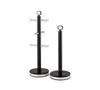 GEEPAS Retrovive Mug Tree and Towel Pole Set | Rust Corrosion Free Carbon Steel Material Non-Slip Base Free Standing Design Kitchen Counter Storage Space Saver | Holds Upto 6 Mugs | Black