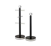GEEPAS Retrovive Mug Tree and Towel Pole Set | Rust Corrosion Free Carbon Steel Material Non-Slip Base Free Standing Design Kitchen Counter Storage Space Saver | Holds Upto 6 Mugs | Black
