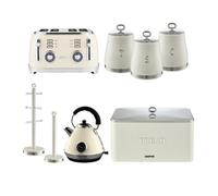 Geepas Retrovive Pyramid Kettle & Toaster Set of 3 Tea Coffee Sugar Canister, Bread Bin, Mug Tree & Towel Pole Set in Cream Geepas Cream