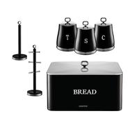GEEPAS Retrovive Tea Coffee Sugar Canister, Bread Bin, Mug Tree & Towel Pole Set | 13L Bread Box 1.4L Airtight Canister Set | Carbon Steel Build Kitchen Counter Storage Space Saver | Black