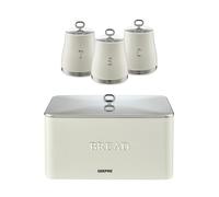 GEEPAS Retrovive Tea Coffee Sugar Canister & Bread Bin Set | 13L Bread Box 1.4L Airtight Canister Set | Carbon Steel Build Kitchen Counter Storage Space Saver | 2 Year Warranty Cream