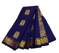 Geerang Mart Kota Saree With Cotton Thread Weaved Peacock Butta Saree Enriched With Golden Jari,Double Sided Floral Border Embedded Saree,Rich Pallu,Blouse Running Along With Saree, Navy Blue, 6 Yards