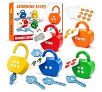 GEERAY Cause and Effect Toys for Toddlers 3 4 5, Montessori Lock & Key Set with 5 Apple-Shaped Locks, Keys & 10 Cards - Numbers Matching & Counting, Preschool Learning Games Gifts