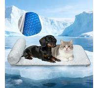 GeerDuo Pet Cooling Mat for Cats & Small Dogs, Self-Cooling Fabric with Supportive Pillow, Non-Gel Leak-Proof Washable, Indoor Outdoor Use