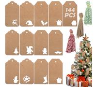 GeeRic 144 PCS Tags for Christmas with Strings, Holiday Present Tags in 12 Assorted Designs for Gift Wrapping, Kraft Winter Gift Labels