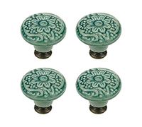 Geesatis 4 Pcs Round Ceramic Drawer Knobs Cabinet Furniture Handle Vintage Flower Pattern Knobs, with Mounting Screws, Green