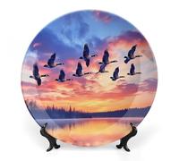 Geese Flying Over The Lake Sunset Bone China Decorative Plate with Display Stand Ceramic Dinner Plates Wall Decor for Home Kitchen 7inch