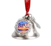 Geese Flying over The Lake Sunset Christmas Bell Pendant Vintage Silver Xmas Tree Hanging Ornaments Decor for Holiday Party Wedding