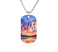 Geese Flying over The Lake Sunset Memorial Necklace with Long Chain Decorative Jewelry Rectangle Pendant for Men Women