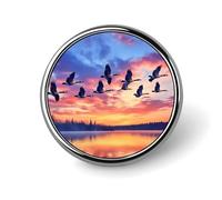 Geese Flying over The Lake Sunset Round Metal Brooches 1 Inch Memorial Badges Exquisite Decorations Pins for Clothing