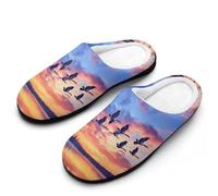 Geese Flying over The Lake Sunset Women‘s Cotton Slipper Comfortable Cozy Plush Slippers Anti-Skid Indoor House Closed Toe Shoes