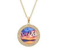 Geese Flying over The Lake Sunset Women's Round Diamond Necklace Vintage Alloy Pendants Multicolored Sparkly Jewelry