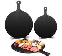 Geetery 2 Pcs Round Black Bamboo Cheese and Chopping Cutting Board with Handle Black Platter Tray Charcuterie Boards for Pizza Bread Vegetables Meat Available DIY Holiday Present (11.6 Inch,9 Inch)