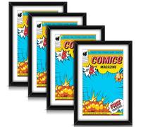 Geetery 4 Pack Comic Book Frame for Wall, UV Protection Comic Picture Magazine Frames Fits Current up to 6 3/4 x 10 1/4, Wall or Tabletop Display with Spring Clips Installed Hangers(Black (White Mat))