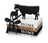 Geetery 5 Pcs Wood Farm Cow Decor Farmhouse Cow Sign Farm Home Tiered Tray Decor Rustic Mini Wood Book Stacks Table Decorations for Home Living Room Table Sign