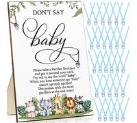 Geetery 51 Pcs Don't Say Baby Game Sign Cool Baby Shower Game 50 Baby Shower Pacifier Necklace Wooden Don't Say Baby Sign Plastic Baby Pacifier Party Favor for Gender Reveal (Blue)