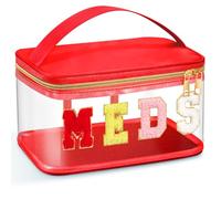 Geetery Chenille Letter Bag, Meds Cheer Travel Cases Cheerleader Gifts Cosmetic Bag Nylon Makeup Portable Preppy Patch with Zipper Toiletry Storage Case for Women(Red,Meds)