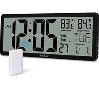 Geevon Atomic Clock,14.3"Large Digital Wall Clock Battery Operated with Dual Alarm Clock, Indoor Outdoor Temperature, 4.4"Jumbo Digits, Day and Date for Home Bedroom Office Elderly(1 Outdoor Sensor)