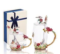 GeeWaa Enamel Butterfly Flower Glass Coffee Mug with Spoons and Lids,Pack of 2 Sets Gift for Woman,Mum,Grandmother,Girlfriend,Sisters,Christmas,Birthday(Red)
