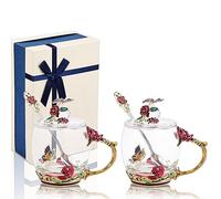 GeeWaa Enamel Butterfly Flower Glass Coffee Mug with Spoons and Lids,Pack of 2 Sets with Gift Box for Woman,Mum,Grandmother,Girlfriend,Sisters,Christmas,Birthday(Red)