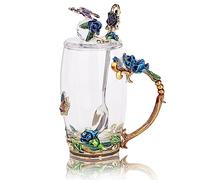 GeeWaa Enamel Butterfly Flower Tea Cup Sets with Spoon and Lid, Glass Coffee Mug, Mothers Day Gifts for Mum, Wedding Birthday Graduation Valentines Christmasgifts for Women Wife Friend (Blue)