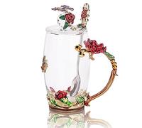 GeeWaa Enamel Butterfly Flower Tea Cup Sets with Spoon and Lid, Glass Coffee Mug, Mothers Day Gifts for Mum, Wedding Birthday Graduation Valentines Christmas for Women Wife Teacher(Red)