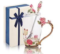 GeeWaa Enamel Butterfly Flower Tea Cup Sets with Spoon and Lid, Glass Coffee Mug, Mothers Day Gifts for Mum, Wedding Birthday Graduation Valentines Christmas for Women Wife Teacher(Pink)