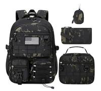 GeeWin Camo Backpack for Boys, 4PCS Boys Backpack with Lunch Box Set, 17 Inch Tactical Military Waterproof Boy Bookbag, Black Camo