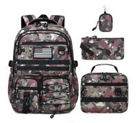 GeeWin Camo Backpack for Boys, 4PCS Boys Backpack with Lunch Box Set, Brown Camo, 17 Inch, Tactical