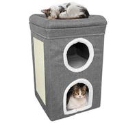 GEEZY 2 Tier Cat House with Integrated Scratching Pad - Collapsible Double Cat Bed with Detachable Cushions - Large Cat Beds for Indoor Cats