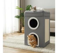 GEEZY 2 Tier Indoor Cat House with Scratch Pad - Large Foldable Double Cat Cave & Soft Lounger Bed - Tall Collapsible Hideaway Igloo for Pet Kittens