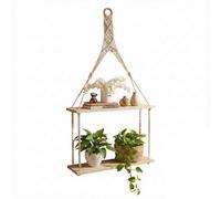 Geezy 2 Tier Rope Hanging Shelf Wooden Boho Bedroom Decor Plant Display Storage Rack