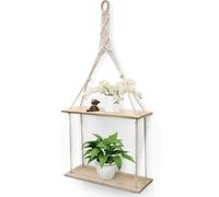 GEEZY 2 Tier Rope Hanging Shelf Wooden Boho Bedroom Decor Plant Display Storage Rack