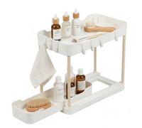 GEEZY 2 Tier Under Sink Storage with Pull Out Drawer - Sliding Cabinet Organiser, White Plastic Trays, Removable Hooks, Sturdy Poles - Great for Kitchen Organisation, Bathroom Toiletries, Cosmetics