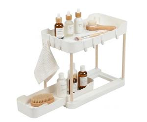 GEEZY 2 Tier Under Sink Storage with Pull Out Drawer - Sliding Cabinet Organiser, White Plastic Trays, Removable Hooks, Sturdy Poles - Great for Kitchen Organisation, Bathroom Toiletries, Cosmetics