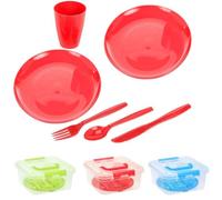 GEEZY 21pc Reusable Plastic Picnic Set for 4 People - Portable Camping Dinnerware Kit with Storage Box - Dishwasher Safe Plates, Cups & Cutlery for Outdoor BBQ, Beach & Garden Parties