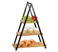 GEEZY 3 Tier Bamboo Serving Tray - Wooden Display Rack with Black Metal Frame, Tiered Cupcake Stand with Non Slip Feet & Carry Handle - Afternoon Tea Stands for Appetizers & Desserts 53x38x16cm